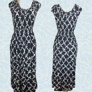 Croft & Barrow M Navy Print Shirred Scoop Neck Ruffle Tier Cap Sleeve Maxi Dress